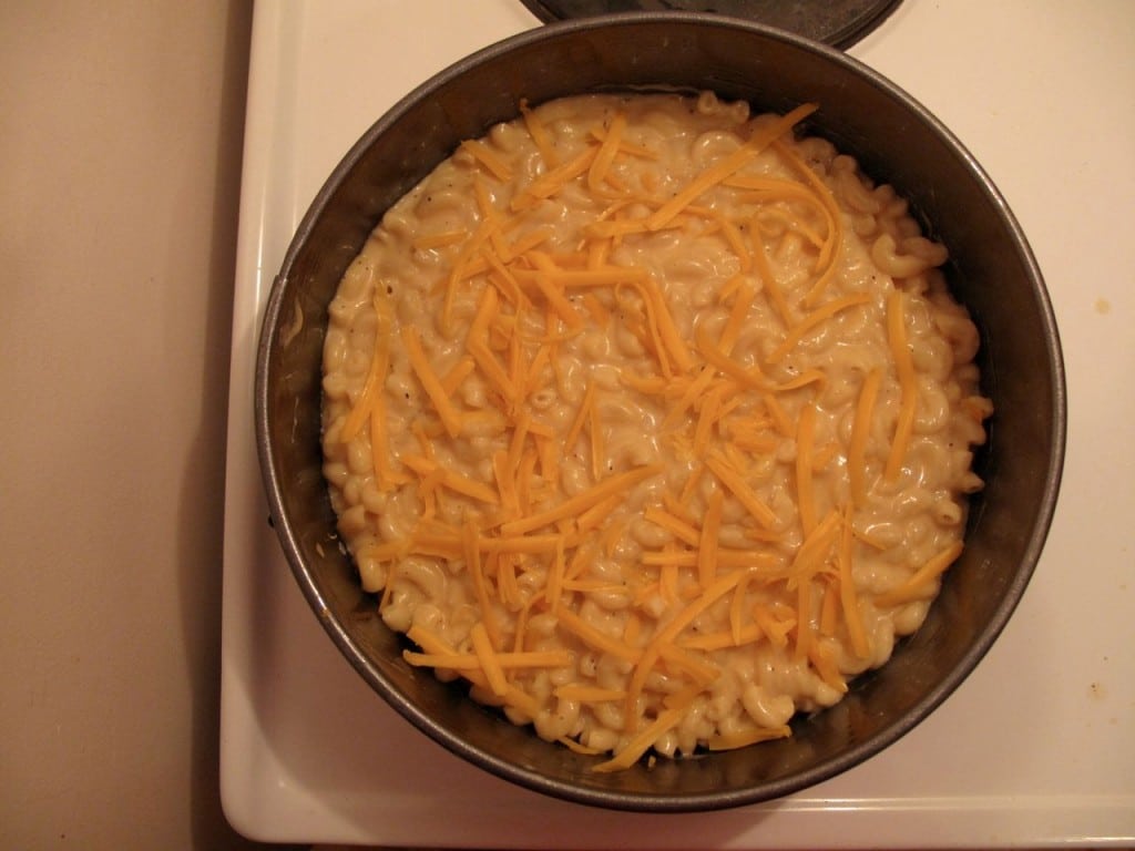 Spoon half of the macaroni and cheese into the greased springform pan. Top with cheddar cheese. 