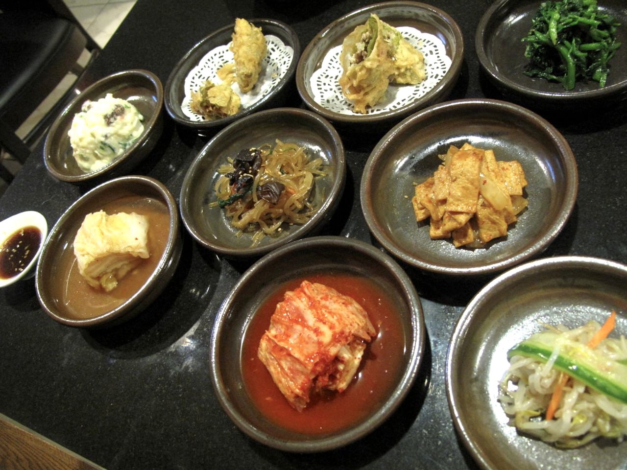 A selection of Korean small plates known as Banchan.