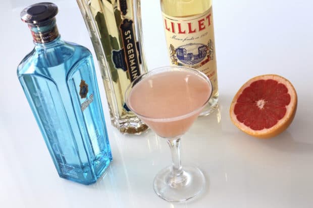 We love adding grapefruit juice to the traditional French Blond cocktail muddled with gin, Lillet Blanc and St Germain.