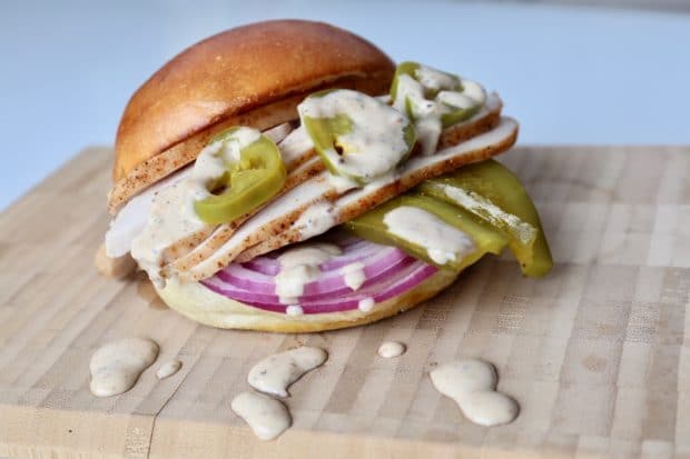 White BBQ Turkey Sandwiches with Jalapeno and Pickles