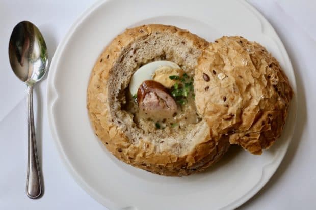 Zurek Soup is traditionally served in a bread bowl at restaurants in Poland. 