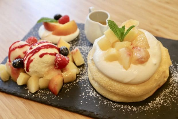 In the summer Fuwa Fuwa offers seasonal special such as this peach and berry pancake stack.