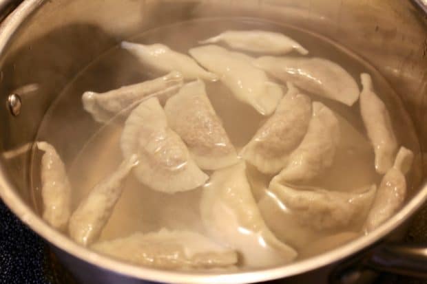 Boil homemade pierogies for just 2-3 minutes in salted water.