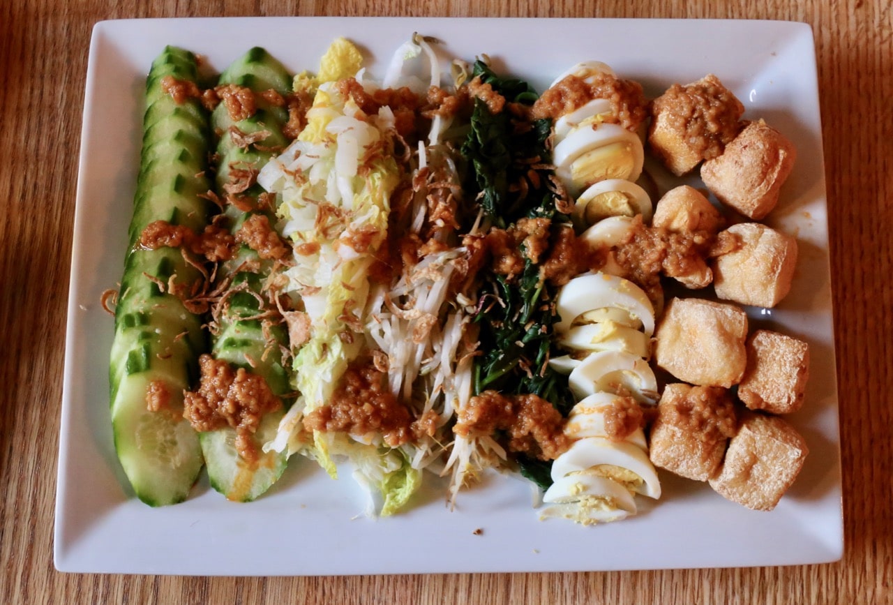 Toronto Indonesian restaurant classic, Gado Gado salad featuring blanched vegetables and peanut sauce.