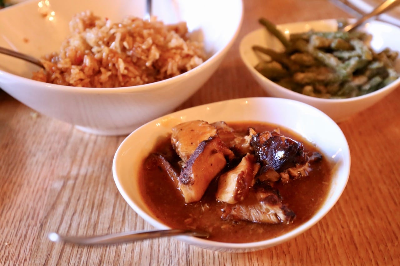 Spicy green beans, Indonesian fried rice and pork in sweet & sour sauce.