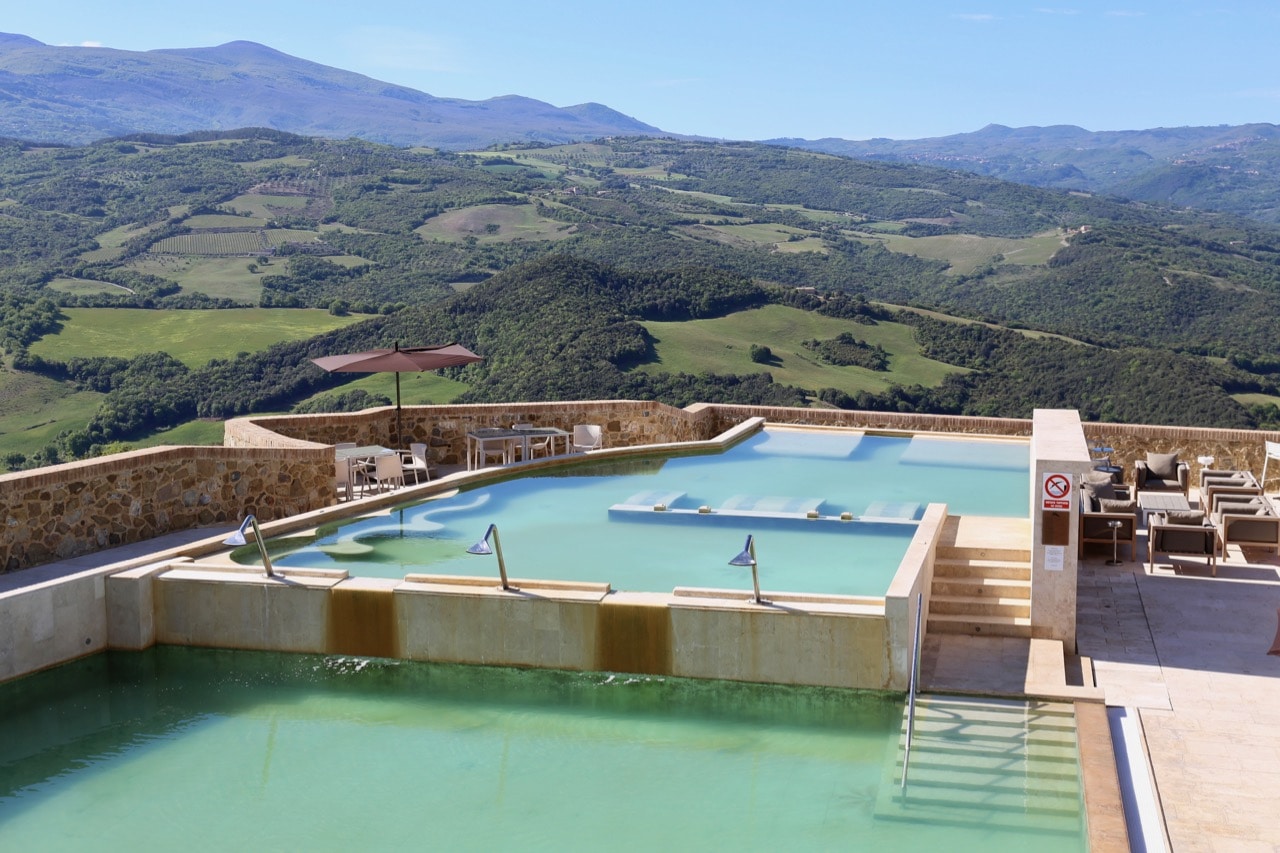Jaw-dropping view overlooking Castello di Velona's rooftop pool and spa.