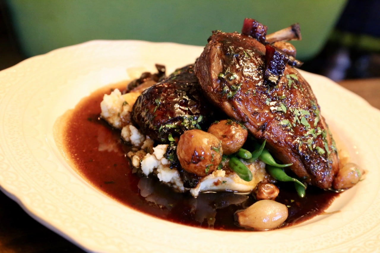 Maison Selby's Coq au Vin is served with pommes puree and red wine jus.