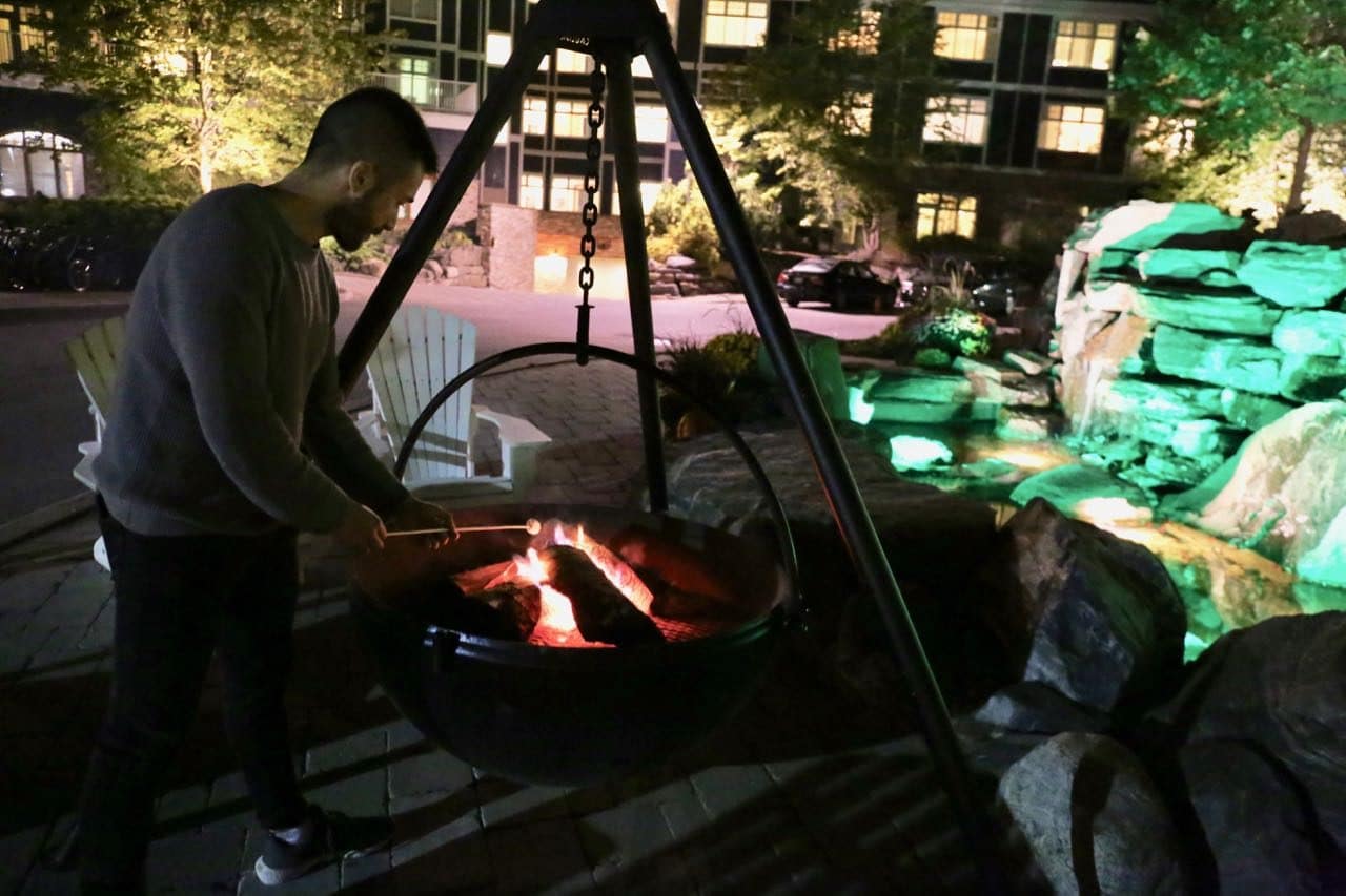 Guests can make their own Smores at a fireplace in front of the JW Marriott Muskoka.