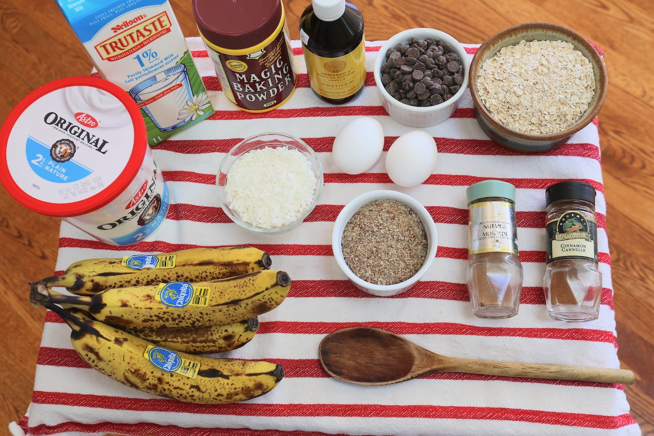 Ingredients you'll need to make homemade Banana Oat Chocolate Chip Muffins.