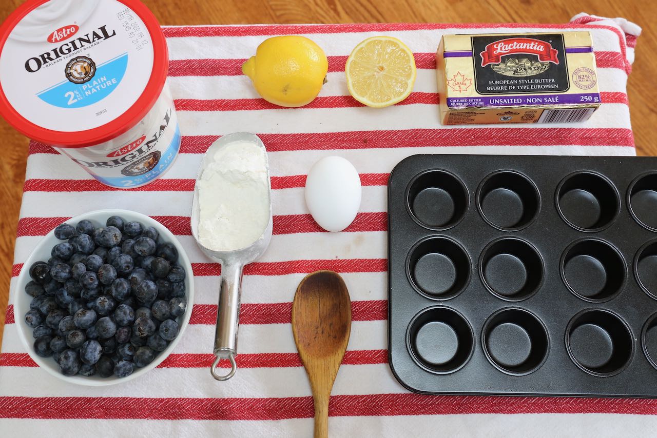 Ingredients for our Mini Blueberry Muffins recipe.