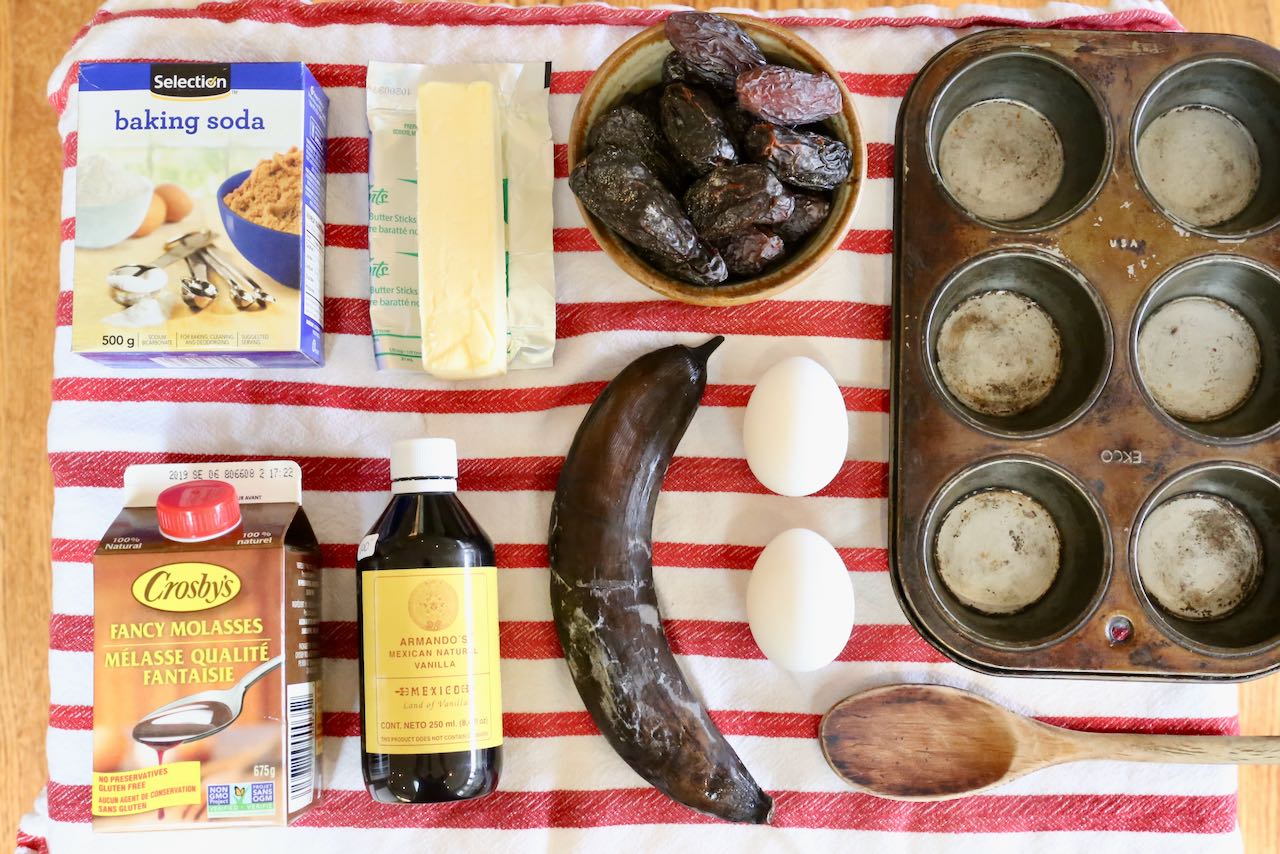 Ingredients you'll need to make homemade Sticky Toffee Banana and Date Muffins.