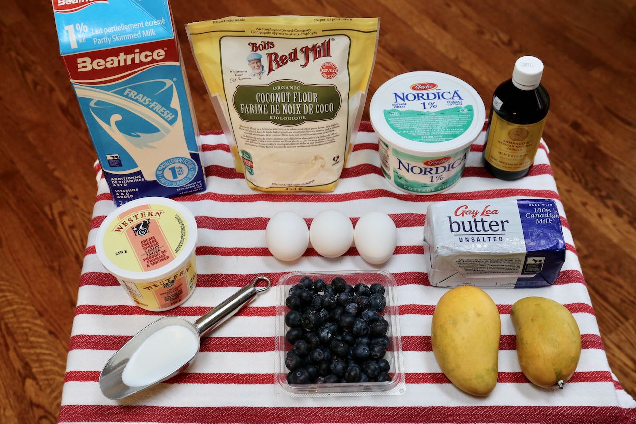 Ingredients you'll need to make Blueberry Mango Crepes with Coconut Flour.
