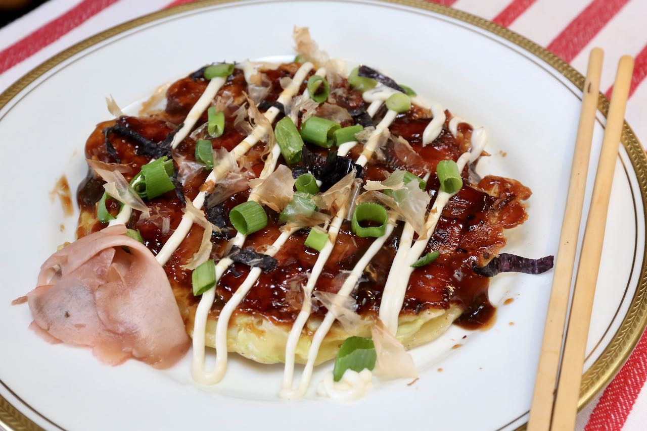 Serve Japanese Cabbage Pancake with pickled ginger and chop sticks.