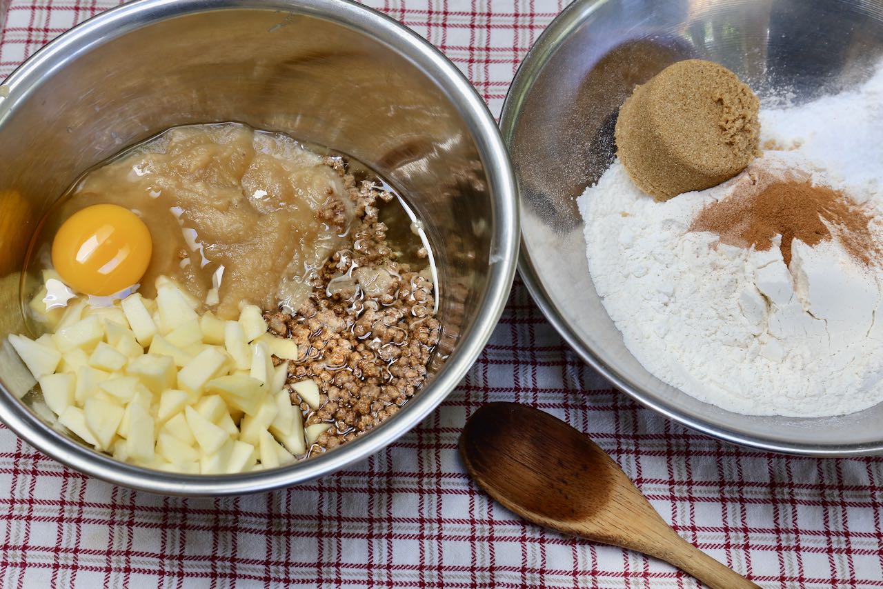 Bran Muffins with Applesauce: Measure wet and dry ingredients in two separate mixing bowls.