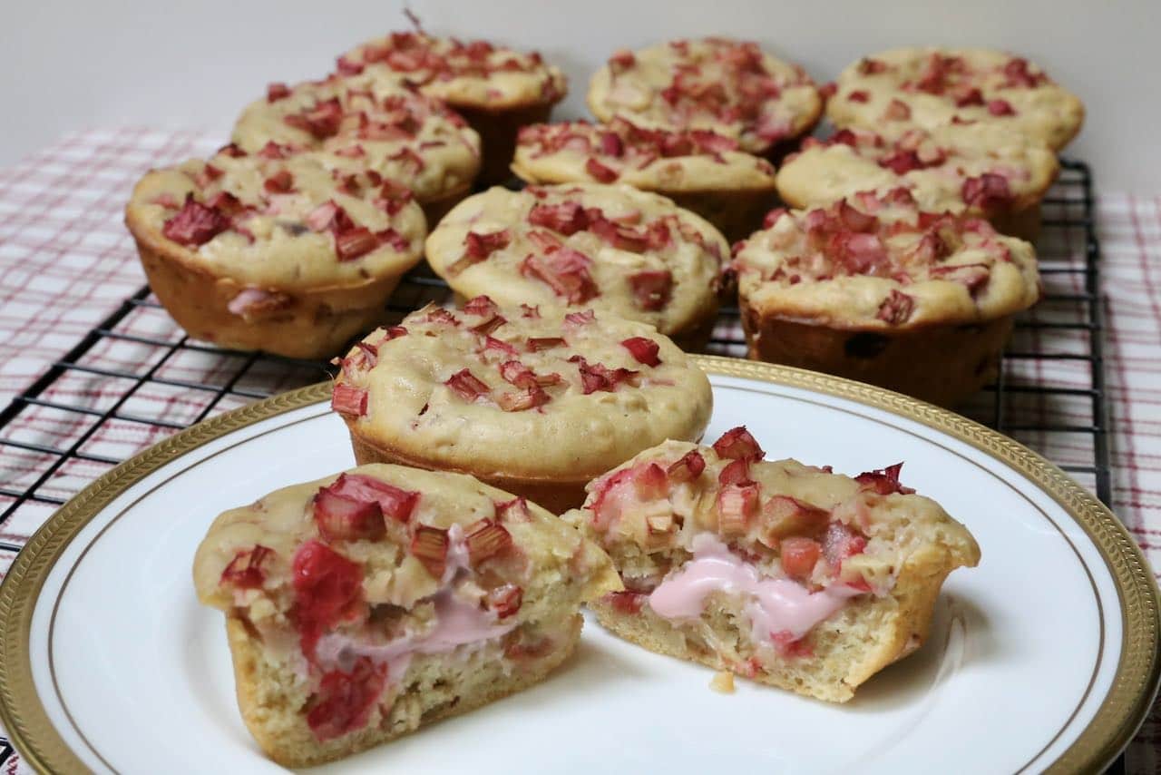 Our Healthy Rhubarb Muffins feature a strawberry cream cheese surprise. 