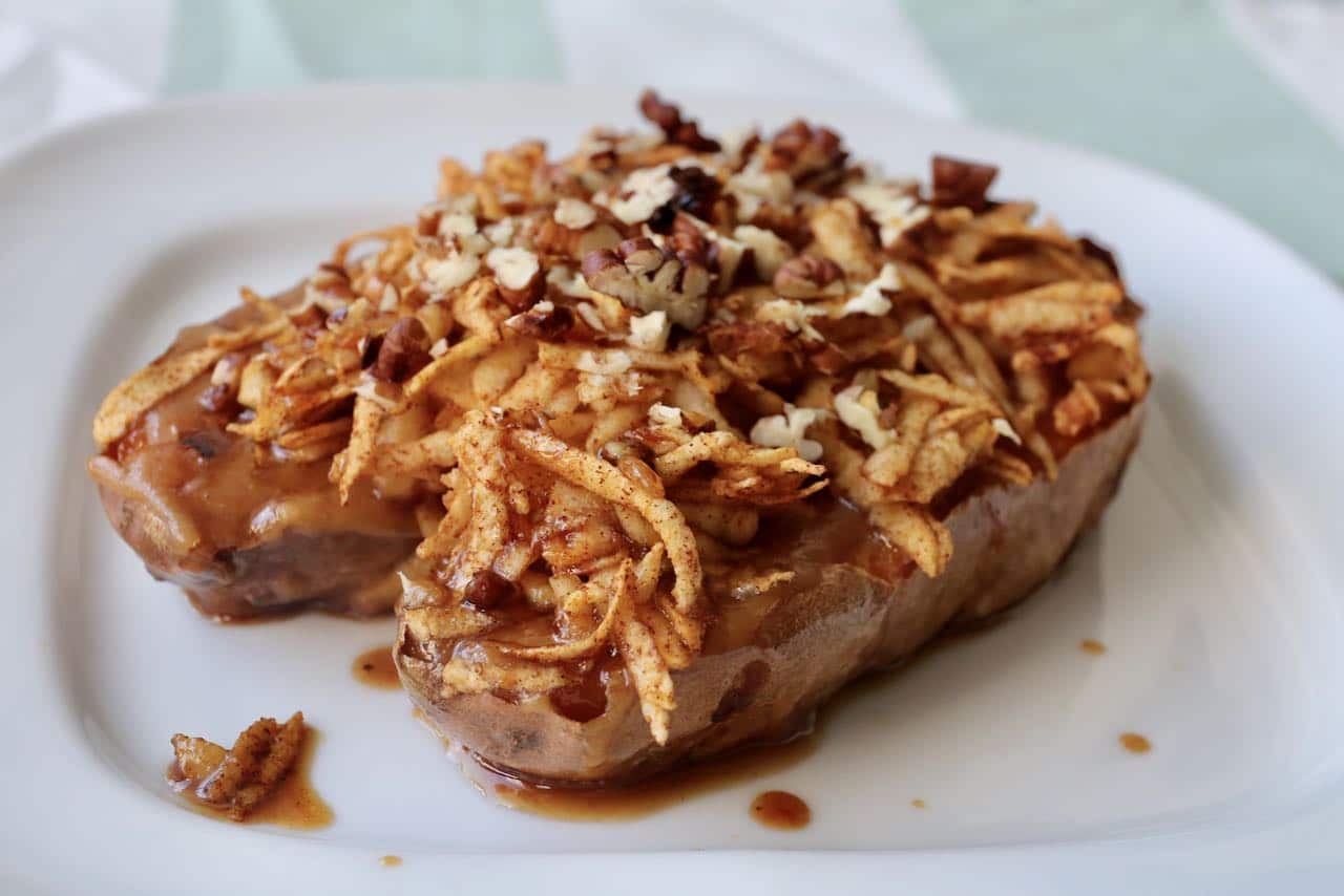 Baked Sweet Potato Dessert: Topped with grated apples, cinnamon, pecans and maple fudge.