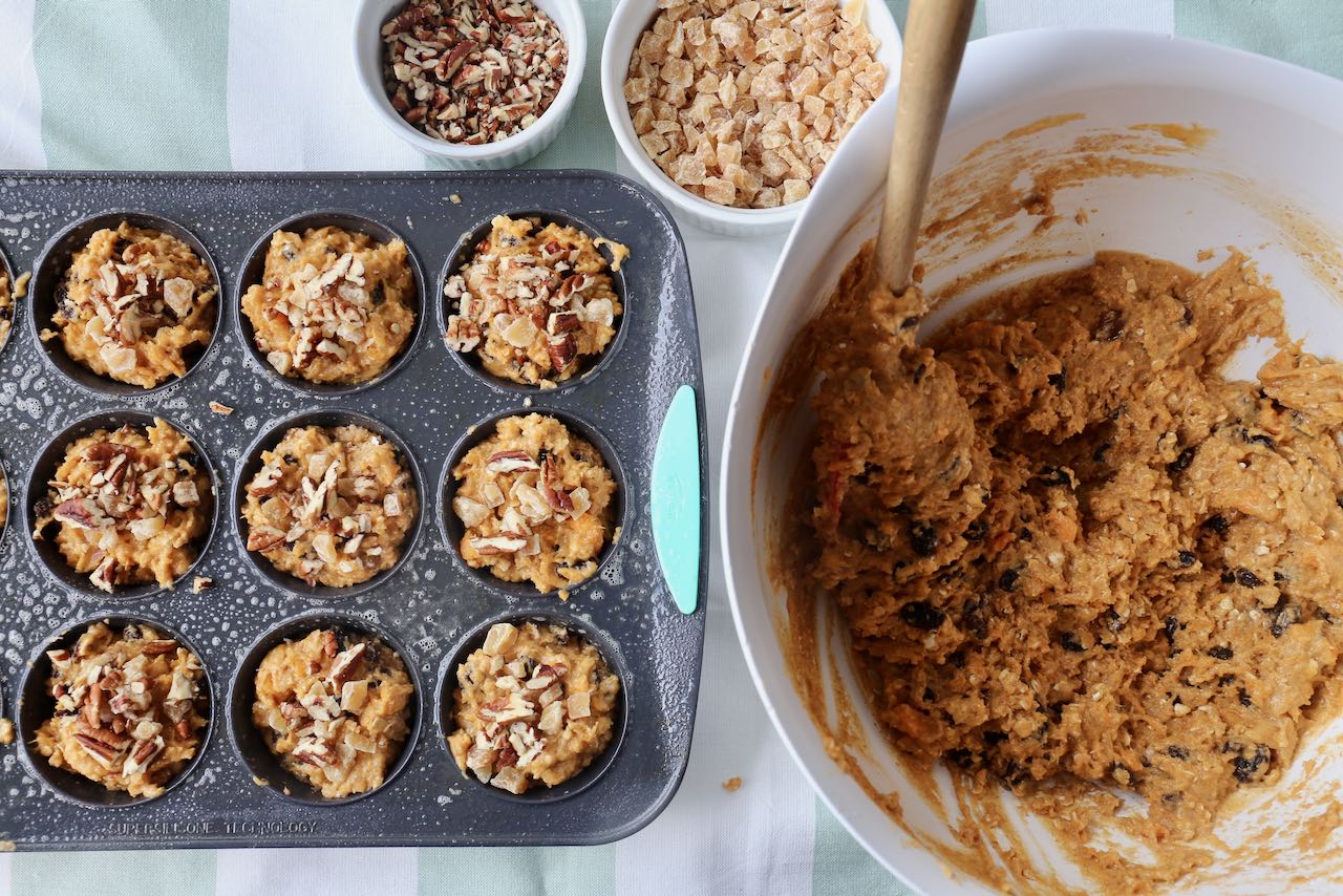 Sweet Potato Muffin Recipe: Scoop batter into greased tins.