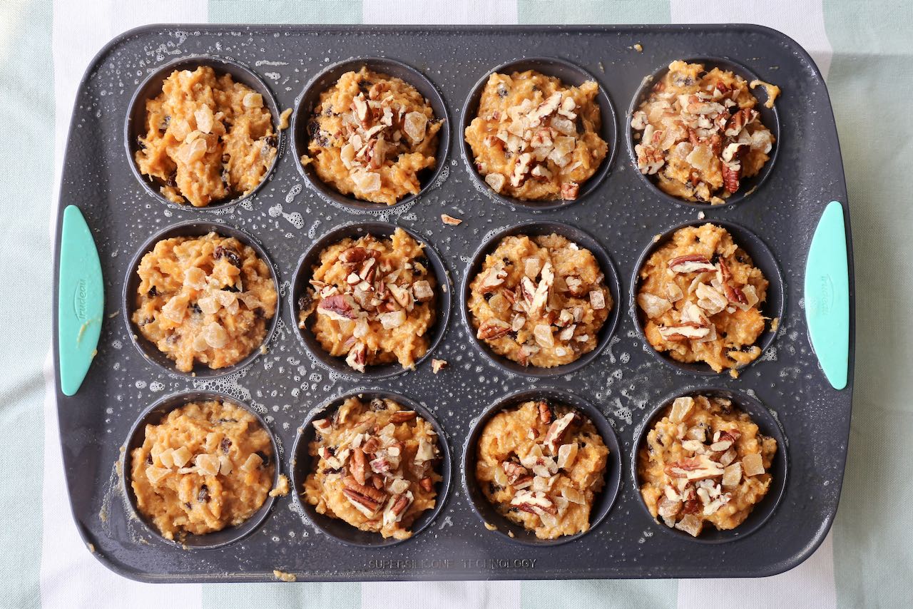 Sprinkle muffins with pecans and crystallized ginger.