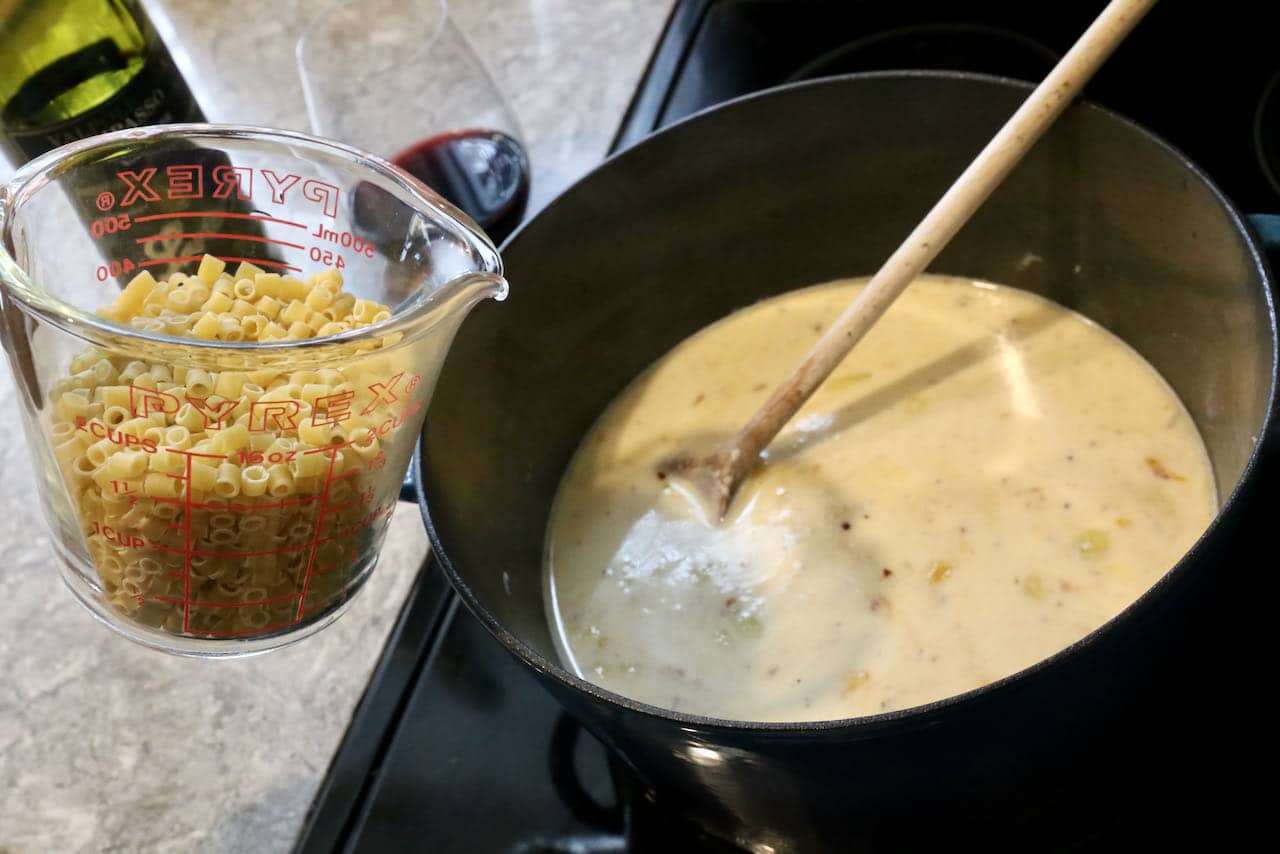 Add Ditalini Pasta to creamy parmesan soup broth.