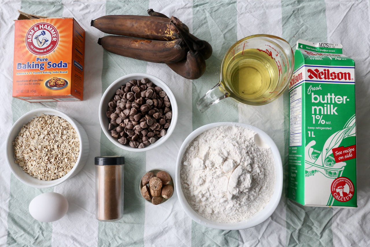 Ingredients you'll need to make our healthy Buttermilk Banana Muffins recipe.