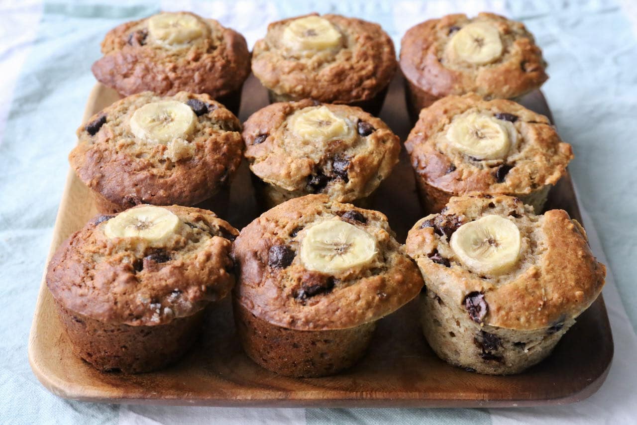 Serve Buttermilk Banana Muffins with chocolate chips on their own or slathered with butter, ricotta or cream cheese.
