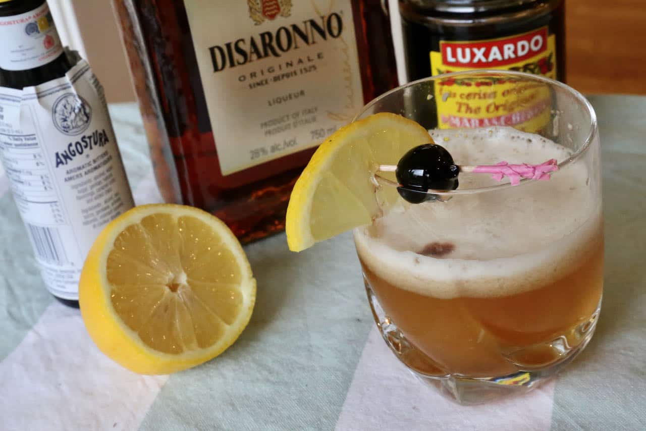 Frothy egg white is a hallmark of the Disaronno Sour amaretto cocktail as it adds a creamy mouthfeel. 