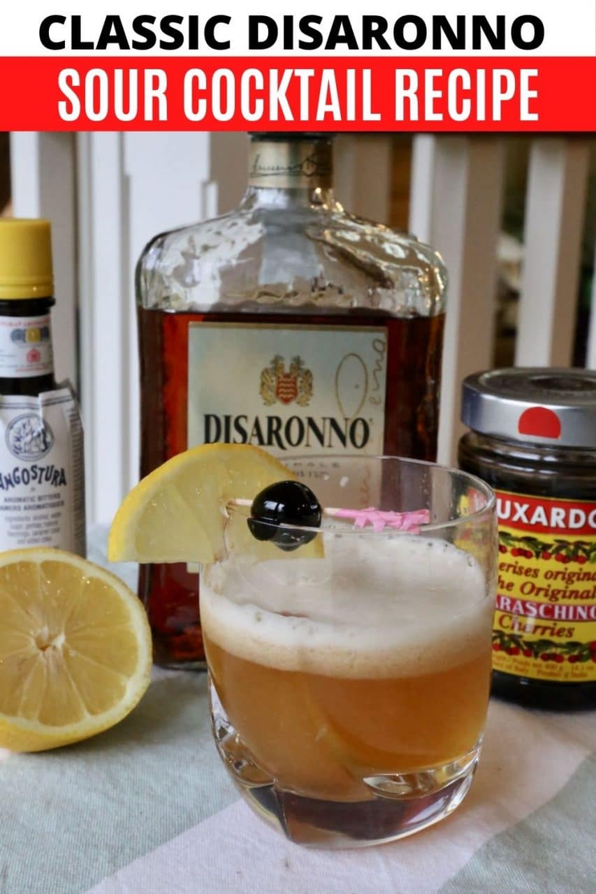 Save our Disaronno Sour Amaretto Cocktail recipe to Pinterest!