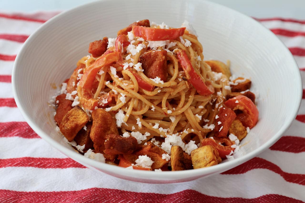 A big bowl of Harissa Pasta is the perfect comfort food for vegetarians who love spicy heat.