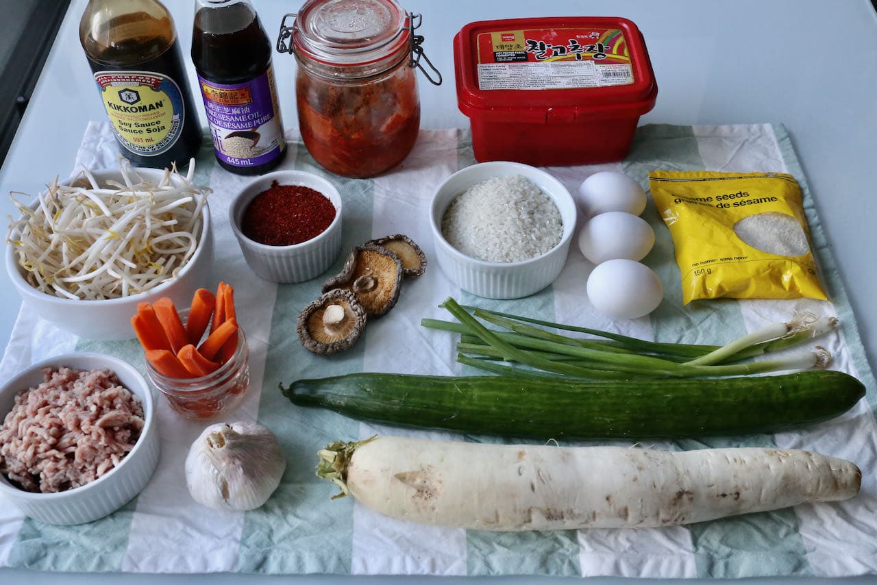 Ingredients you'll need to make our Spicy Pork Bibimbap recipe.