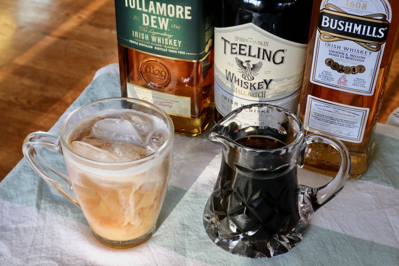 Prepare a simple Iced Irish Coffee using ice, brewed coffee and Irish Whiskey.  