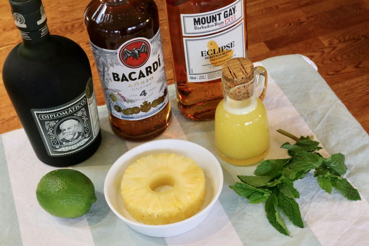 Pineapple Mojito ingredients include fresh pineapple juice, lime, mint and soda.
