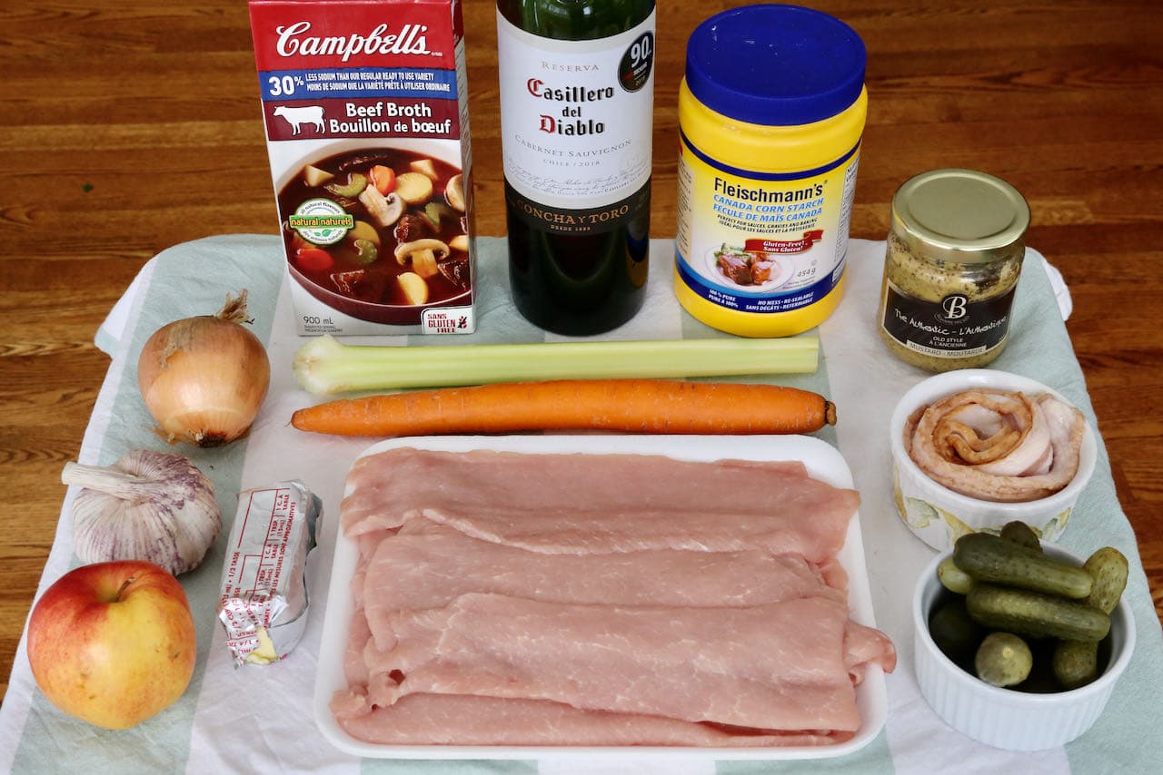 Traditional Pork Rouladen ingredients.