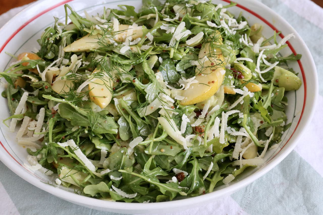 We love serving this easy Rocket Pear Salad recipe family style in a large bowl with a Sunday night roast.