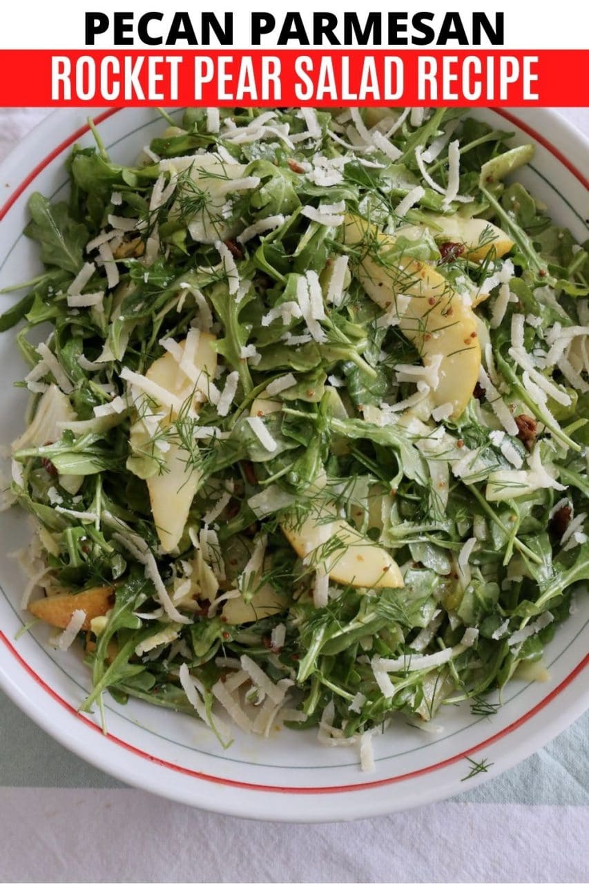Save our healthy Pear and Rocket Salad recipe to Pinterest!