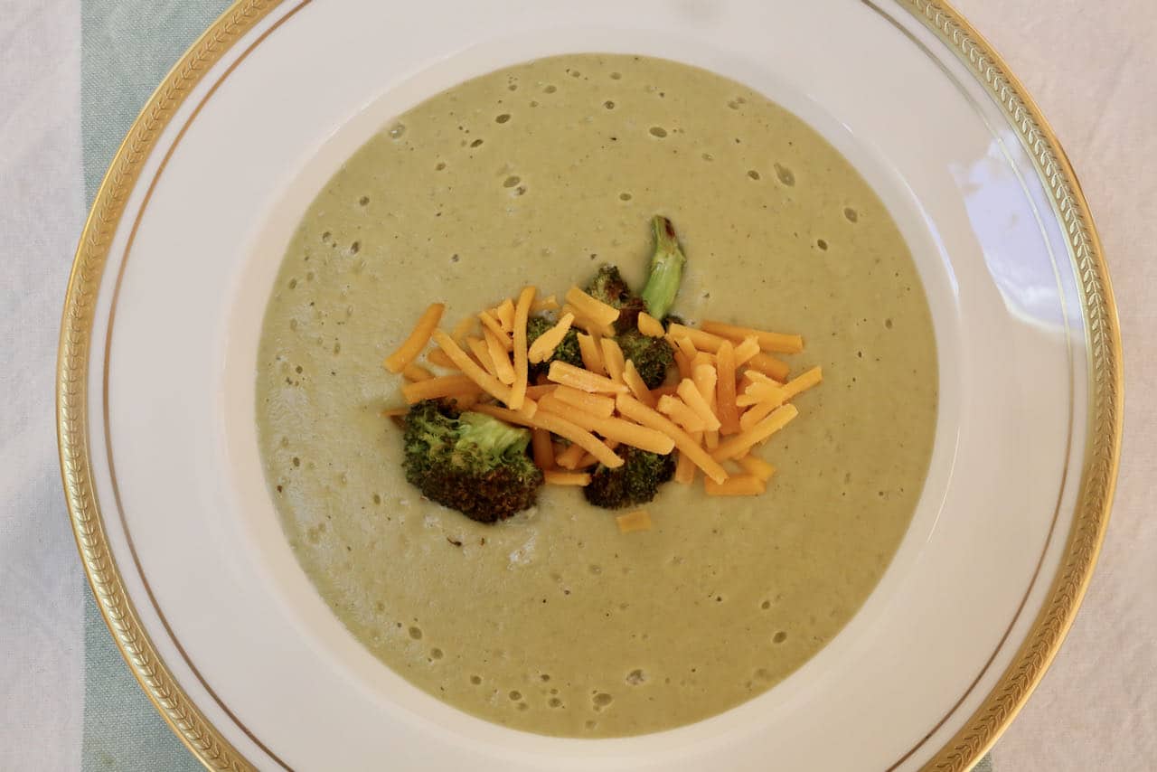 Our Broccoli Almond Soup is topped with cheddar but you can make it vegan by omitting the cheese.
