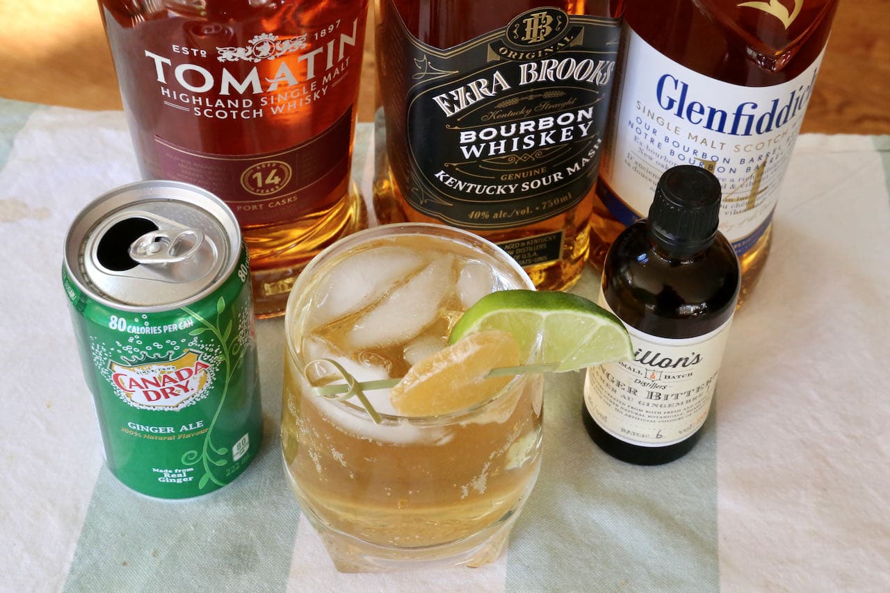 We flavour our Ginger Whiskey Cocktail with Canada Dry Ginger Ale and Dillon's Ginger Bitters.