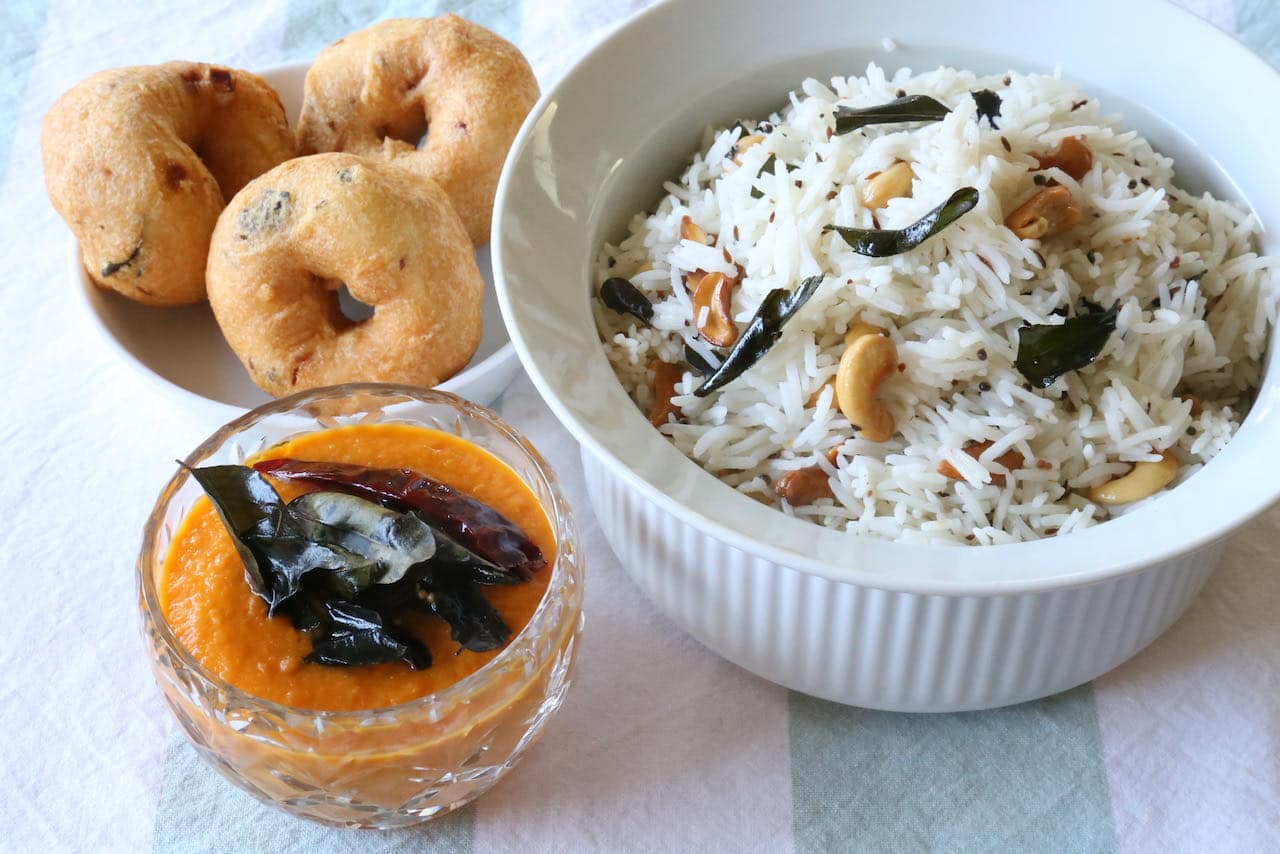 We love serving South Indian Curry Leaf Rice with tomato chutney and medhu vada.