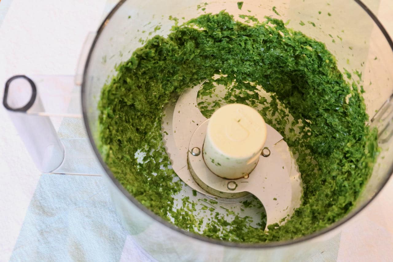 Blend parsley, cilantro, dill and scallions in a food processor.