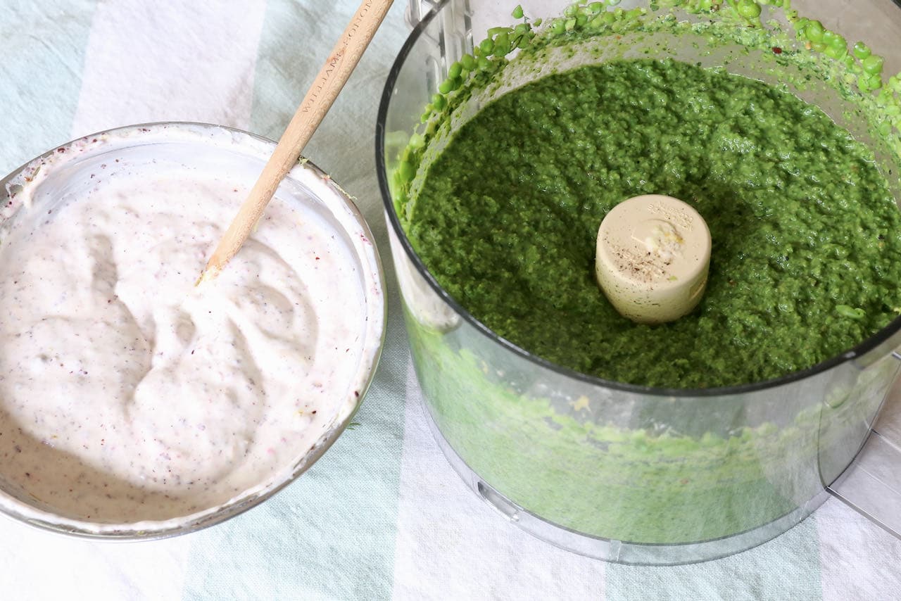 Blend Pea Fritter batter in a food processor and mix creamy sumac sauce in a small bowl.