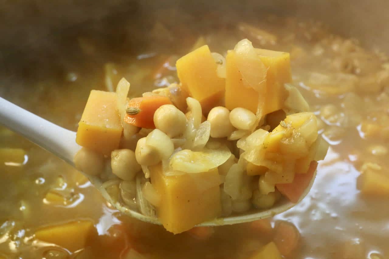 Homemade Moghrabieh should appear like a chunky stew. 