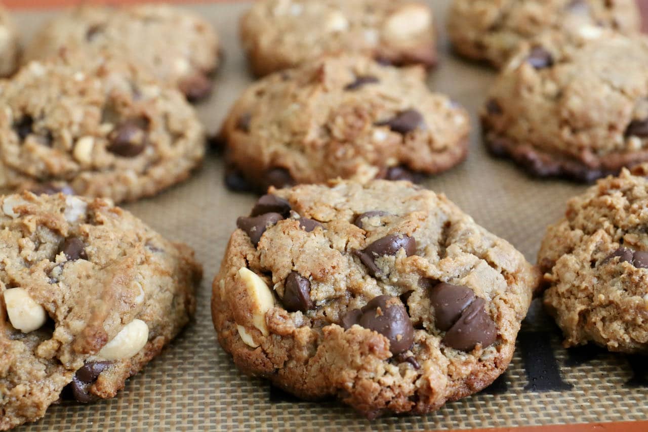 Our easy Flourless Chickpea Cookies are filled with vegan chocolate chips and peanuts.