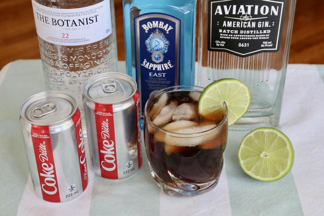 Gin and Coke cocktail recipe ingredients.