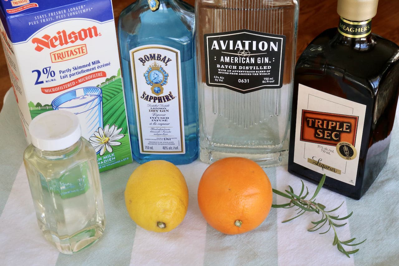 Clarified Gin and Milk Punch cocktail ingredients. 