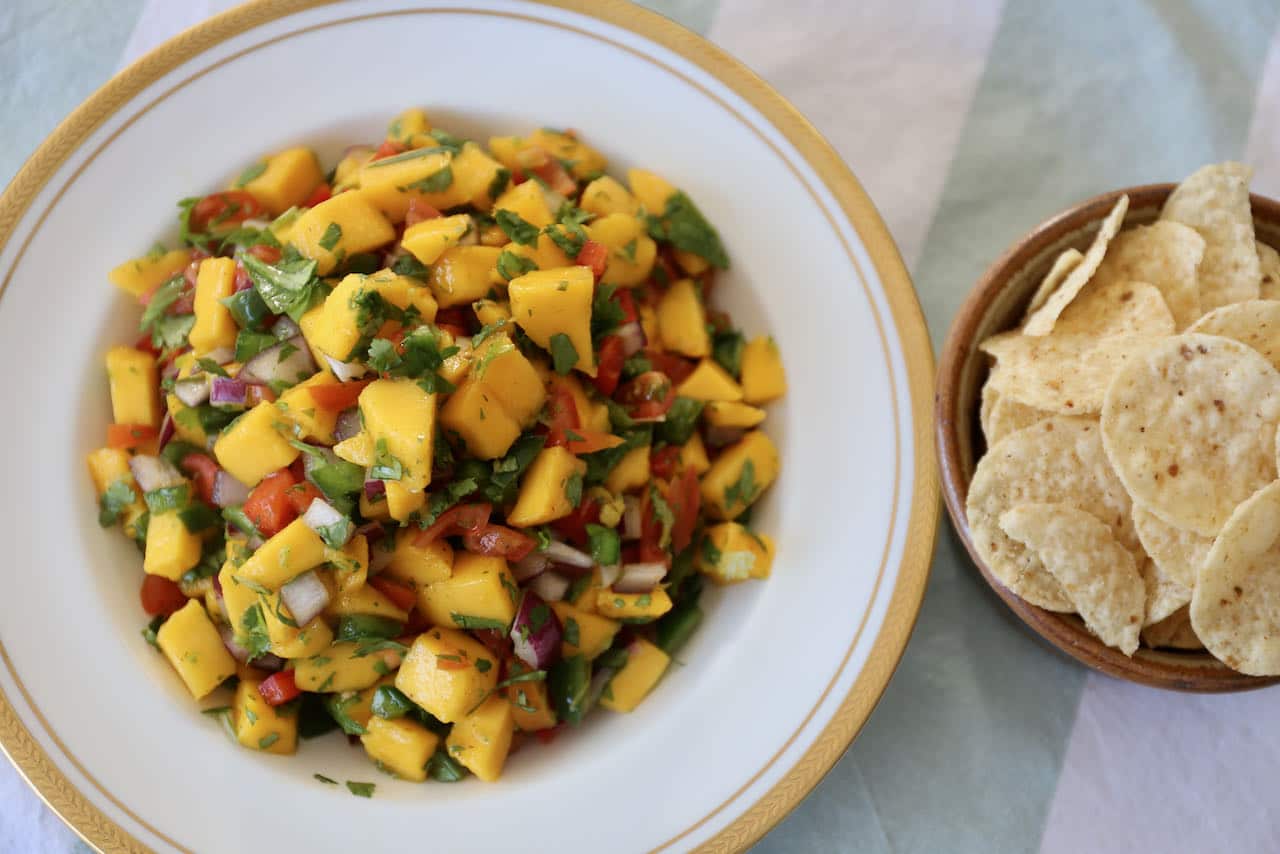 Mango Pico de Gallo is flavoured with cilantro, lime juice and spicy jalapeno peppers.