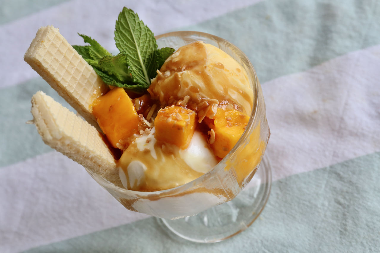 Serve a Tropical Mango Sundae in sorbet glasses or your favourite ice cream bowl.