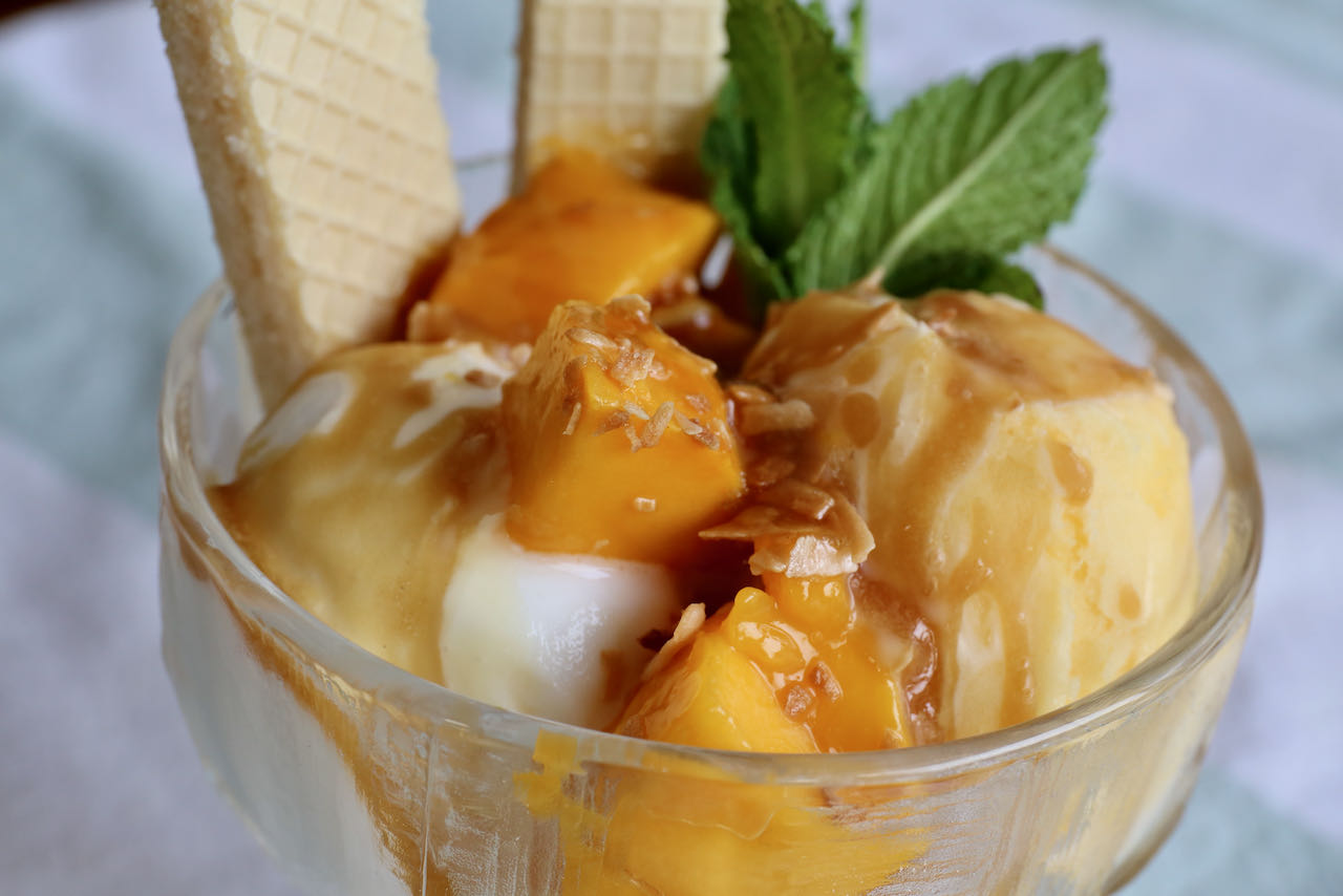 Our Mango Sundae features tropical flavours like mango, coconut, lime and rum.