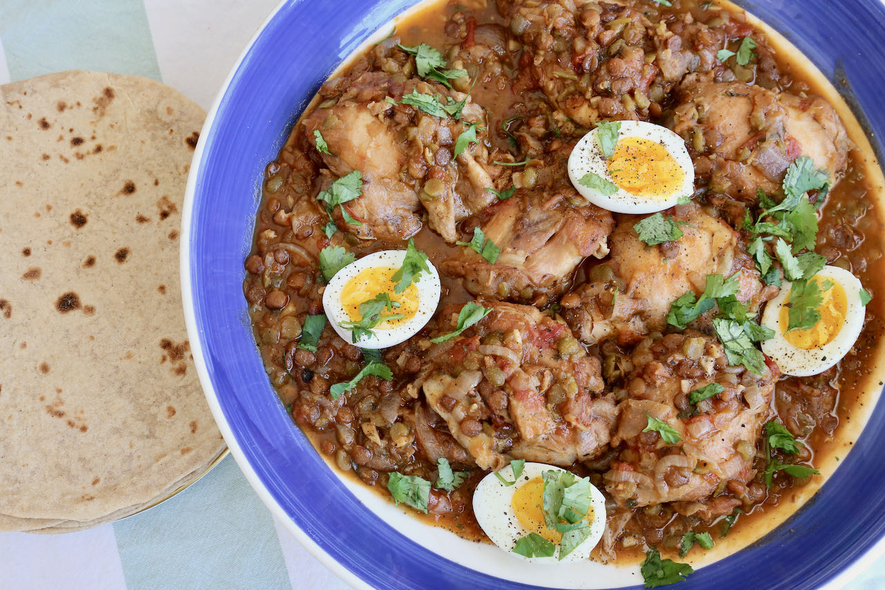 Serve Moroccan Chicken Lentil Stew with chapati flatbread.