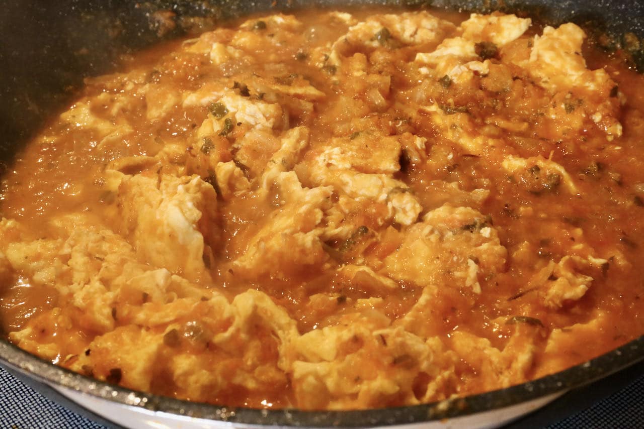 Prepare Mexican Scrambled Eggs in a large nonstick skillet.