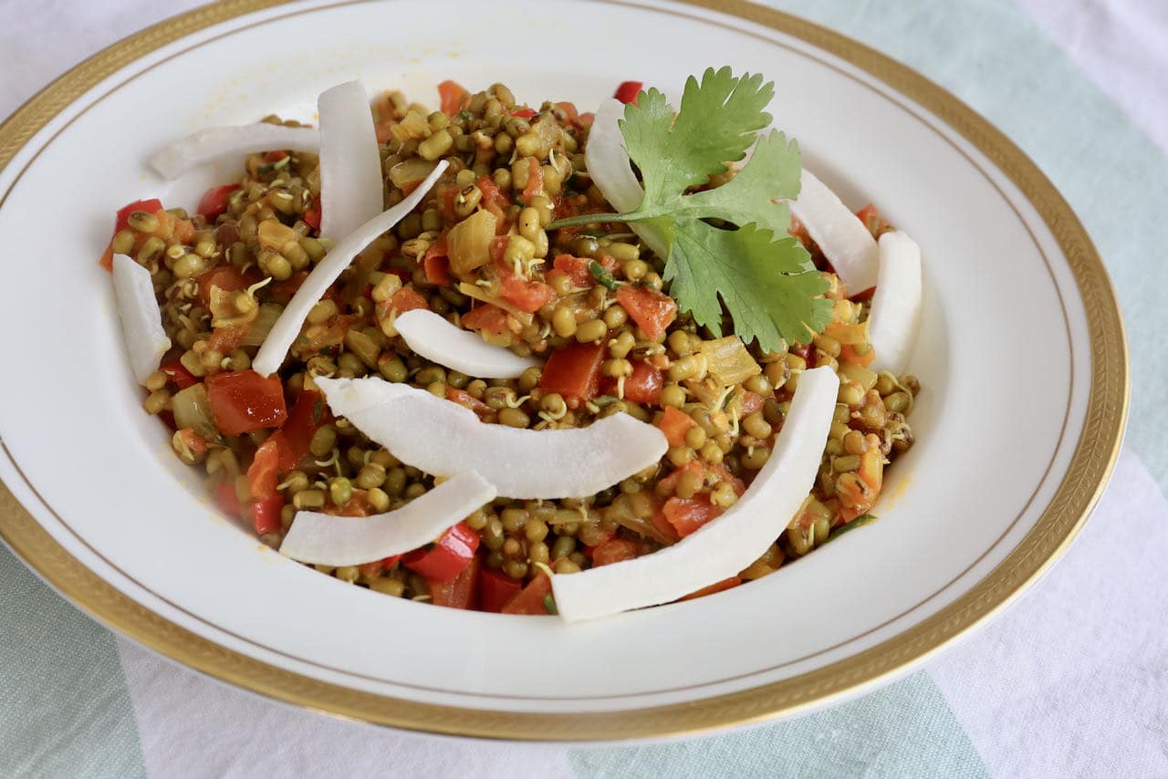 Serve healthy Mung Bean Salad with other vegan or vegetarian Indian dishes. 