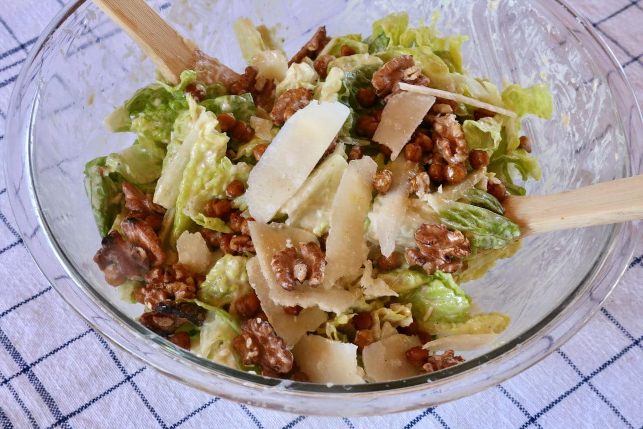 Tear or chop romaine leaves and toss in Tahini Caesar Dressing to serve at a casual barbecue or birthday party.